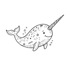 Cute narwhal whale character illustration with spiral horn and floating bubbles simple doodle line art for aquatic animal themed children educational book page. © Shadii