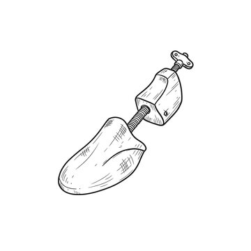 Wooden shoe stretcher tool sketch illustration adjustable footwear maintenance device line art drawing for cobbler workshop or personal leather care equipment use.