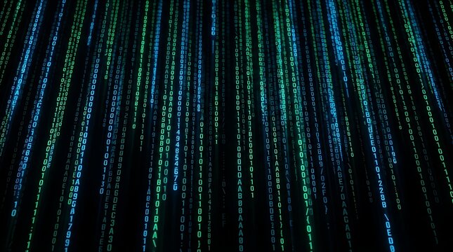 IA generated green digital binary matrix code falling vertically on a dark background.   