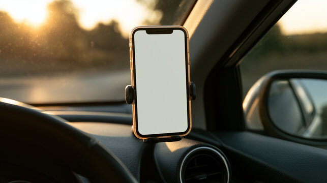 Blank smartphone screen mockup on a car dashboard mount during sunset