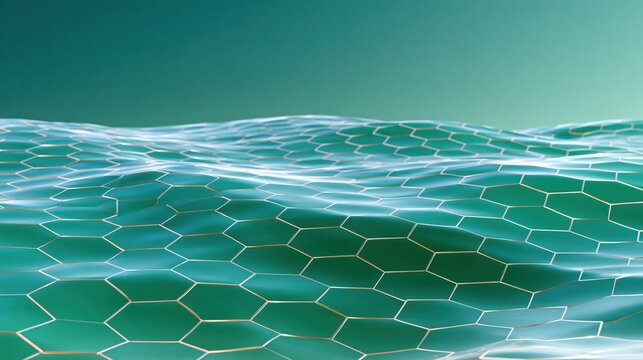 Wavy surface of teal hexagonal cells with golden edges under soft gradient lighting, abstract geometric background