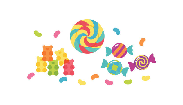 Delightful collection of colorful sweets, candies, gummy bears, and lollipops scattered on a clean white background.