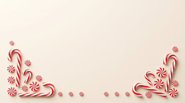 Christmas candy canes and miniature sweets forming a festive border on a cream background