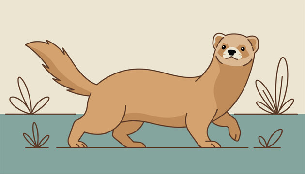 Cute light brown ferret or weasel walking on green ground with simple plant decorations in a clean graphic style.