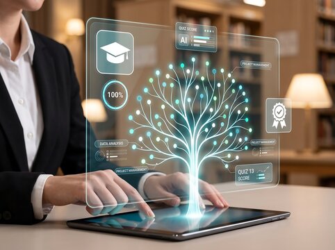AI education dashboard visualization featuring connected knowledge nodes, quiz performance, project analytics, and digital achievement management