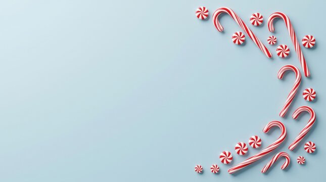 Christmas candy canes arranged on a light blue background festive holiday sweets