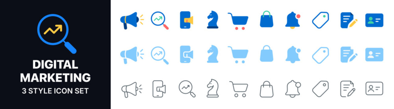 Digital Marketing Icon Set with Advertising, SEO Analytics, Mobile Marketing, Ecommerce, Notifications, Shopping, Customer Profile and Business Strategy Symbols in Blue Vector Design