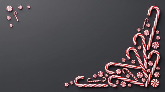 Festive christmas candy canes and peppermint swirls arrangement on a dark gray background