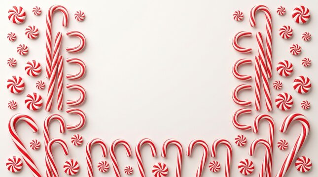 Festive christmas candy canes forming a decorative border on a white background