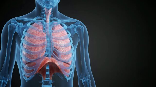 3D medical animation of the human respiratory system showing lungs, diaphragm, and trachea within a translucent skeleton on a dark background.