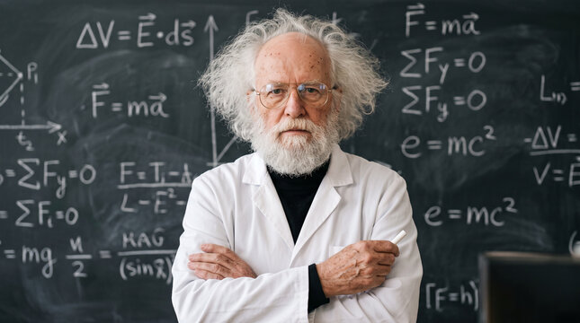 Confident senior professor standing with crossed arms in front of math blackboard