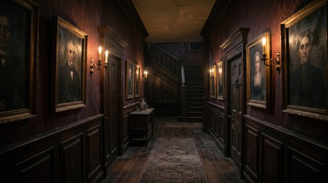 Dimly lit vintage hallway with portraits on walls leading to wooden staircase in old