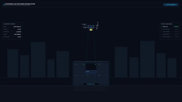 Futuristic drone delivery dashboard showing autonomous flight journey and last mile logistic data
