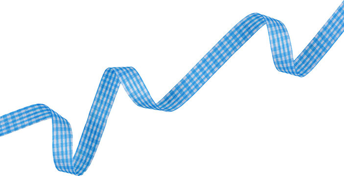 Wavy blue and white checkered gingham ribbon twisted diagonally isolated on transparent background for gift