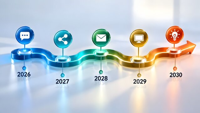3D timeline process flow showing milestones from 2026 to 2030 with communication, network, email, monitor and idea icons on winding path