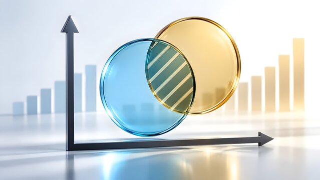 3D overlapping circles showing venn diagram and intersection with upward graph background, business strategy and statistical data analysis concept