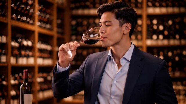 Young East Asian man tasting red wine in a cellar from a glass during a professional tasting among wooden bottle racks
