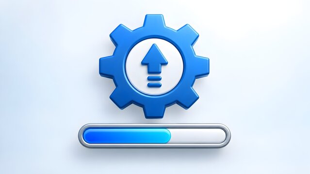 3D blue gear with upward arrow and loading progress bar for system settings upgrade and software optimization