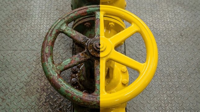 Rusty Old and Bright New Industrial Valve Handwheel Before After Comparison