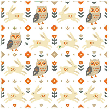 Seamless pattern with owls and rabbits