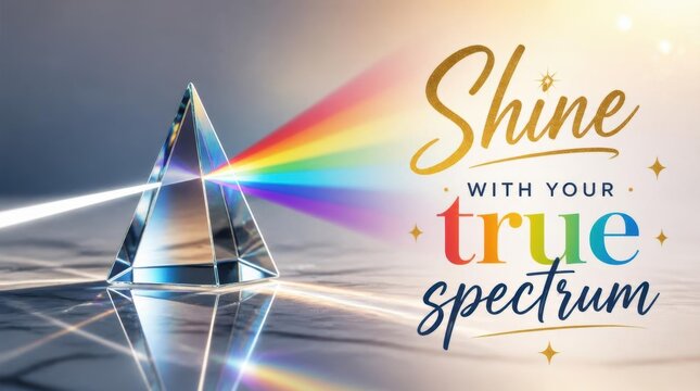 Glass pyramid prism dispersing white light into a rainbow spectrum on a dark reflective surface with text Shine with your true spectrum, conceptual optical physics experiment.