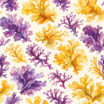 Watercolor seamless pattern of marine seaweed and coral in gold and lilac  