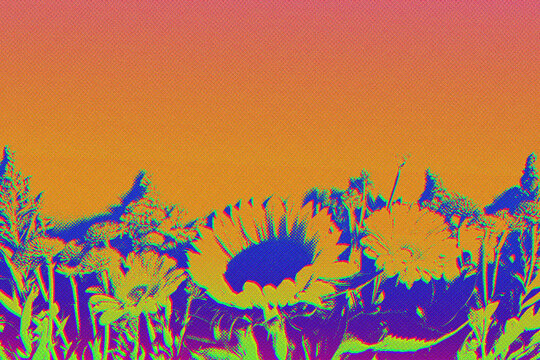 Abstract pop art halftone wildflowers in yellow and blue against a grainy orange and peach gradient sky background. Anchors a poster, retrofuturism and design for a music album cover.