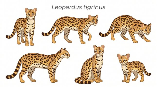 Illustrated Leopardus Tigrinus Cats In Various Postures And Ages.