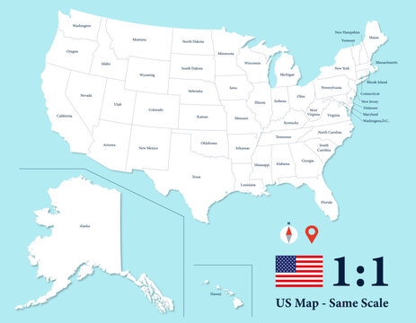 USA Map to True Scale with All 50 States, State Names, Alaska and Hawaii at 1 to 1 Ratio, US Flag, Compass, White Landforms, Drop Shadow, and Light Blue Gradient Background