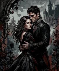 Obraz premium Gothic fantasy romance illustration, embracing couple against dark castle ruins and thorny roses, book cover design.