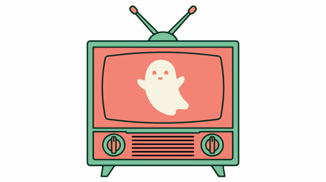 A 1950s retro television set with a cute ghost silhouette appearing on the screen, seafoam green and salmon pink color palette, nostalgic and kitschy mood, 6 block colors, trace optimized,