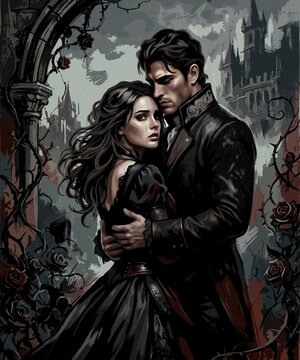 Gothic fantasy romance illustration, embracing couple against dark castle ruins and thorny roses, book cover design.