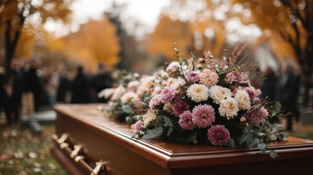 coffin with flowers on it at cemetery, crying people on the background in autumn