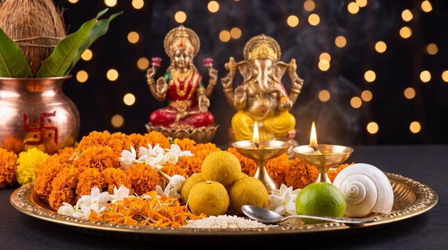 Golden Brass Diya Deep Dia Lamp Lit in Pooja Thali With Flowers, Mithai, Agarbatti And Kalash In Front Of Maa Lakshmi And Bhagwan Ganesha Deva. Diwali ... See More