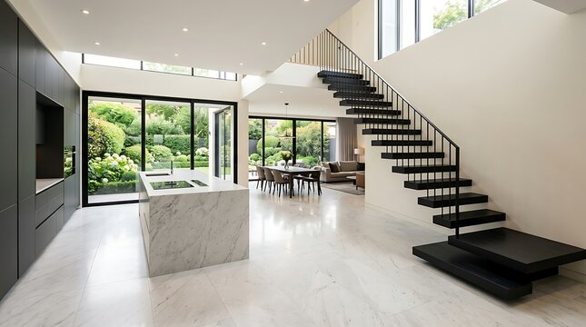 Spacious contemporary open concept home interior with black floating stairs modern interior floating staircase