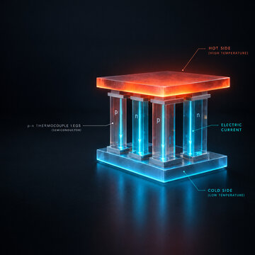 3D micro thermoelectric generator TEG concept, translucent thermocouple micro-array with glowing temperature-gradient driven electron drift flow with copy space