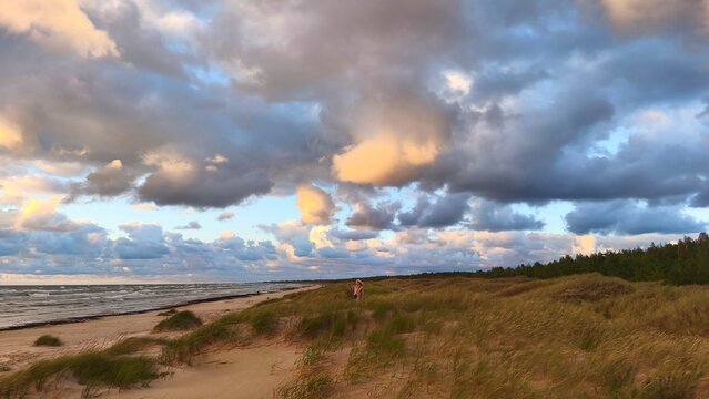 Pastel pink and golden evening clouds over a wide ocean beach and grassy coastal dunes