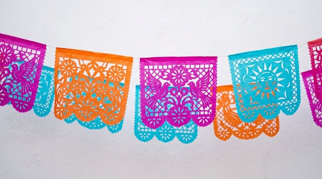 Colorful traditional Mexican papel picado paper cut banners hanging against a white wall