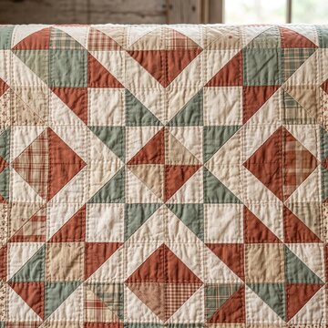 Close up view of a handmade geometric patchwork quilt with traditional star patterns in earthy red, green, and cream tones