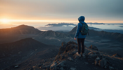 Fototapeta premium Solitary Traveler Reaching a Personal Milestone, Reflecting on Achievement, Freedom and the Journey Ahead