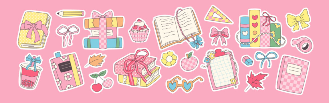 Cute school sticker collection with ribbon bow and teacher icons. Vector stationery illustration with cartoon pencil, book and apple. Education graphic design elements for classroom supplies.