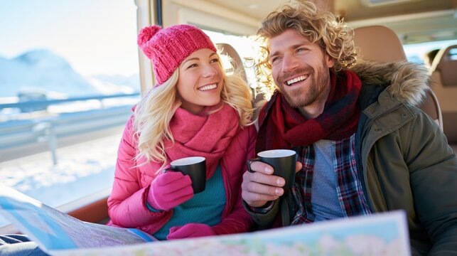 Smiling couple enjoying hot drinks while planning a journey with a map during a winter road trip.