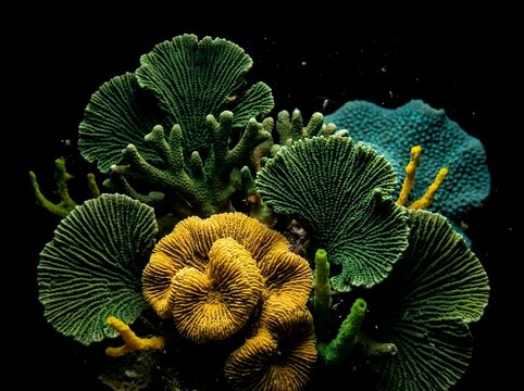 Coral sea fans reef underwater with colorful polyps on dark background