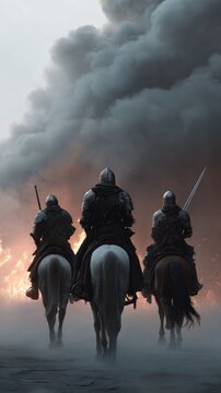 back view of knights riding horses with swords on the burning battlefield