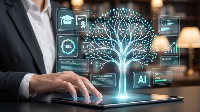 Modern educational technology concept featuring digital knowledge networks, artificial intelligence, quiz results, and learning progress