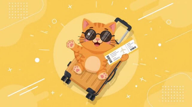 Cute Tabby Cat Traveling with Luggage and Airplane Ticket Illustration Concept