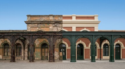 Obraz premium Historic Building Renovation: Before and After Transformation of Architecture