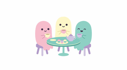 Fototapeta premium A whimsical collection of three cute ghosts sitting at a small table with tea cups and tiny cupcakes. Soft morning lighting, cheerful and cozy mood. Palette of mint green, pale pink, lavender,