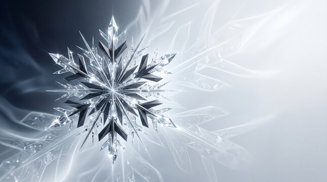 Luxury abstract carbon and ice snowflake Christmas ornament on a glowing winter background. Premium conceptual 3D render of an elegant and sophisticated luxury Christmas snowflake crafted from dark 