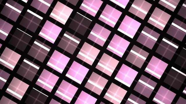 Abstract geometric glowing pink squares pattern background with diagonal grid lines and shimmering light effects, suitable for modern digital design, technology, and futuristic concepts.